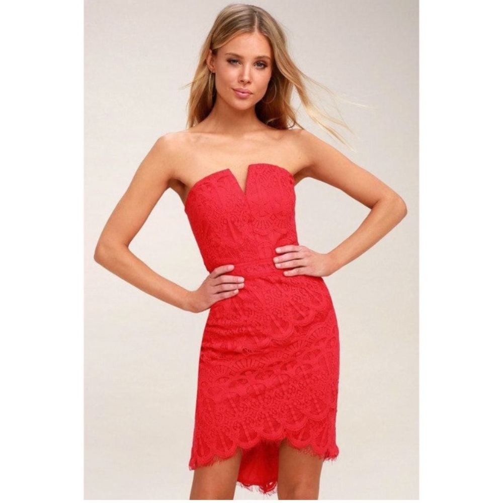 Adelyn Rae red strapless high low lace dress